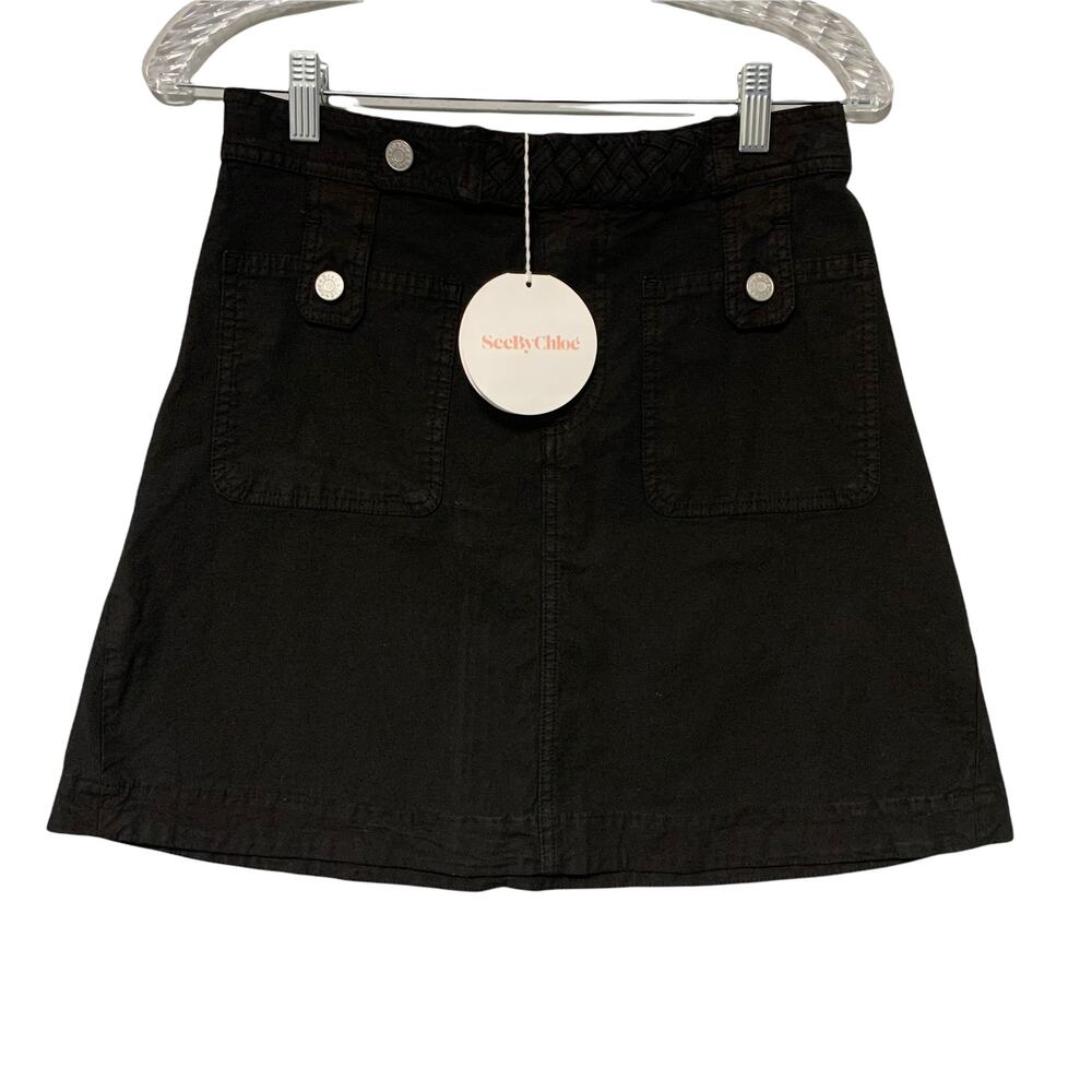See by Chloe Designer Black‎ A-Line Denim Skirt 40 IT 4 US Braided Belt Italian